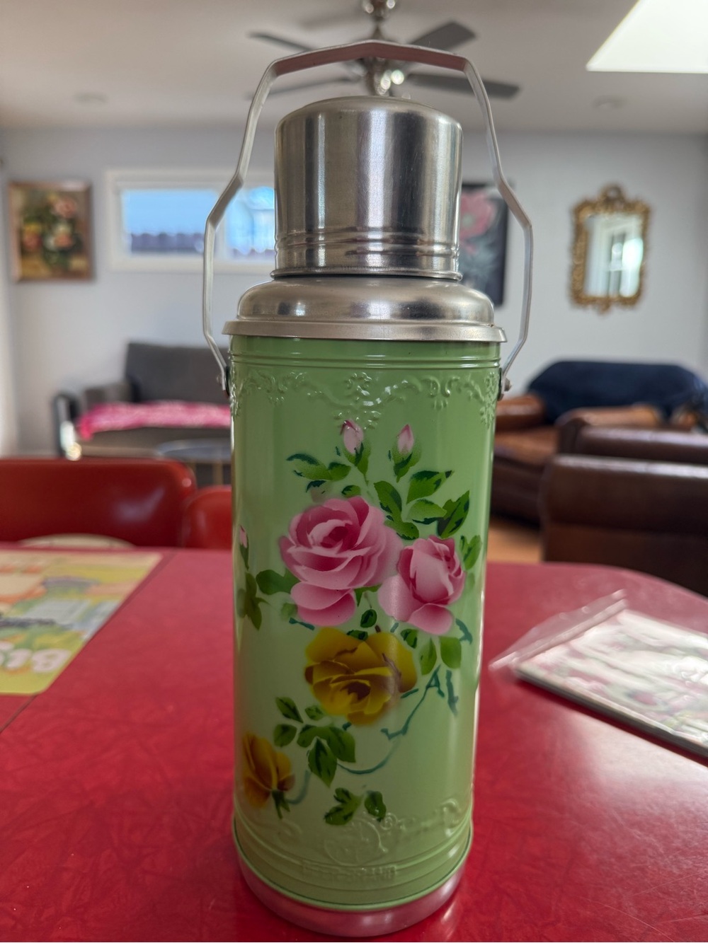 Vintage Deer Brand Chinese Vacuum Flask Thermos Green Floral Retro Mid Century